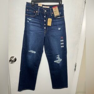 NWT Levi’s Ribcage Straight Ankle Button Fly Distressed Jeans 27x27” Dark Blue‎